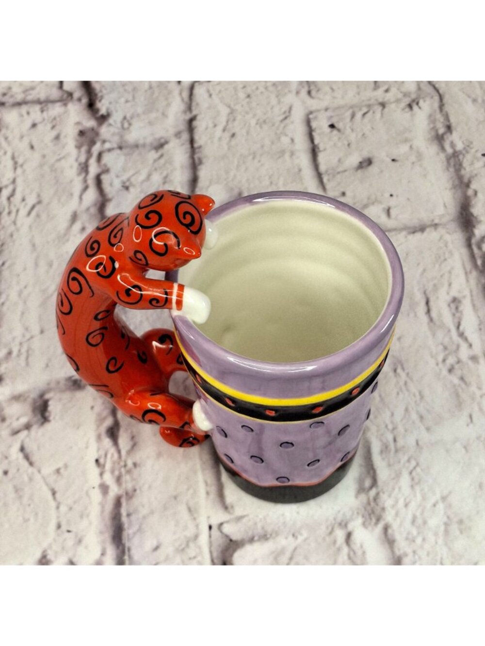 C M Redwine Art Pottery Handle Mug Purple & Red Cat Whimsical Microwave Safe - Picture 3 of 6